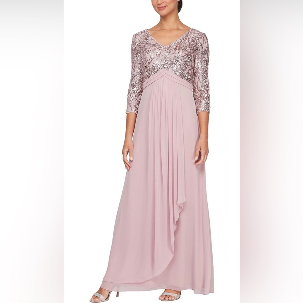 Alex Evenings Blush Pink Long Sleeve Lace Bodice Evening Gown
